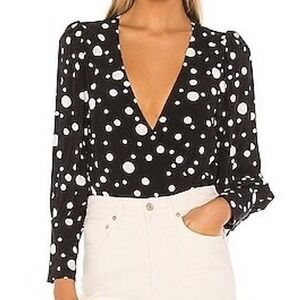 NWT Lovers + Friends Enzo Polka Dot Bodysuit Sz S Black White Faux Wrap Long Slv